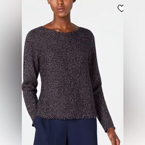 EILEEN FISHER Purple Tweed Wool Blend Long-sleeve Fringe-hem Sweater Size Small
